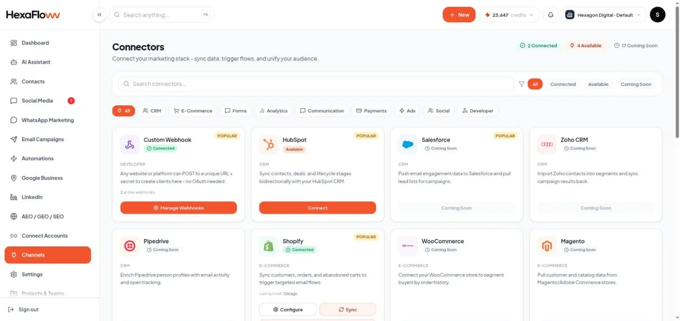 Connectors page with connected sources and sync logs
