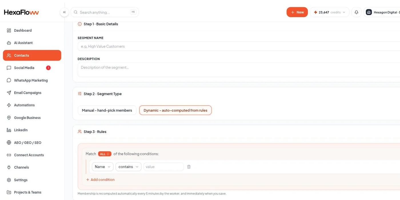 Segment rule builder with grouped conditions