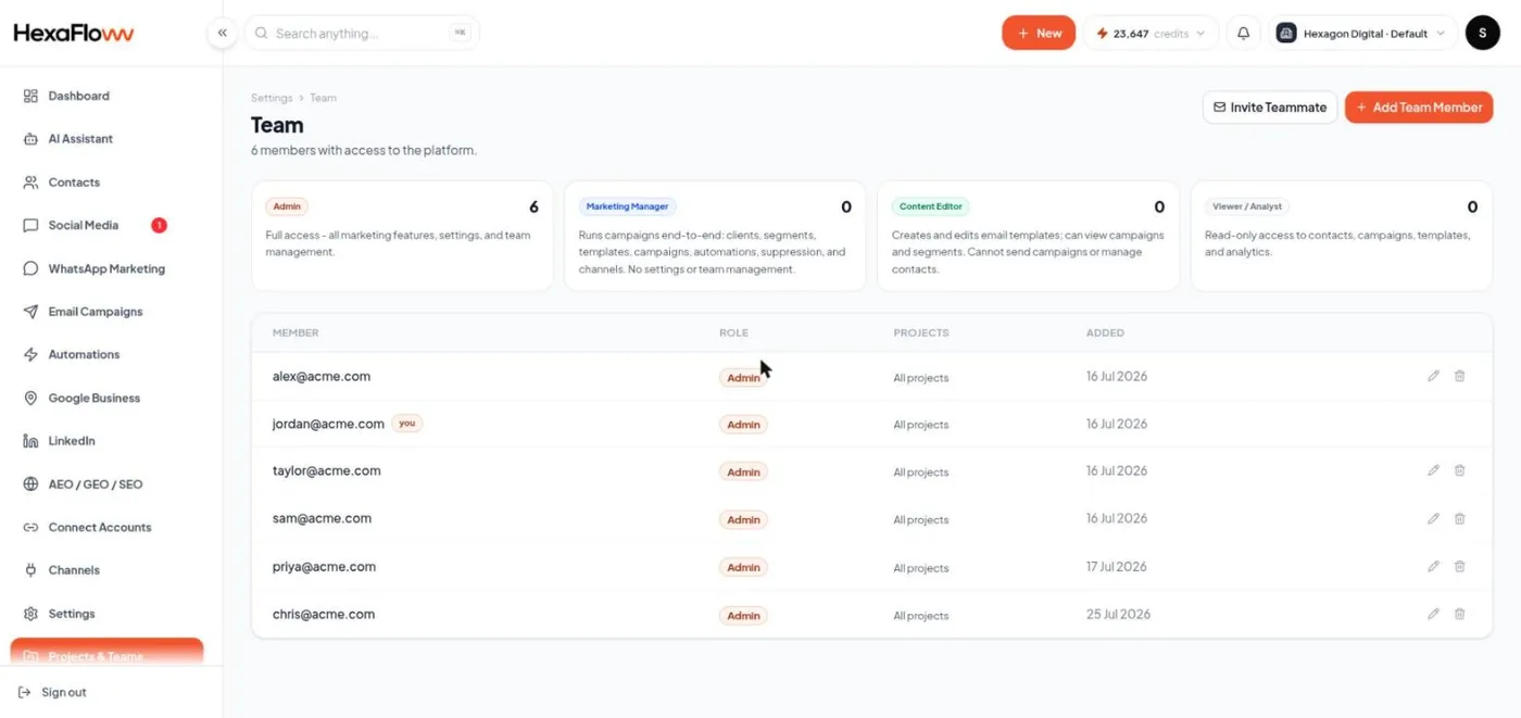 Team settings page with the Add user form