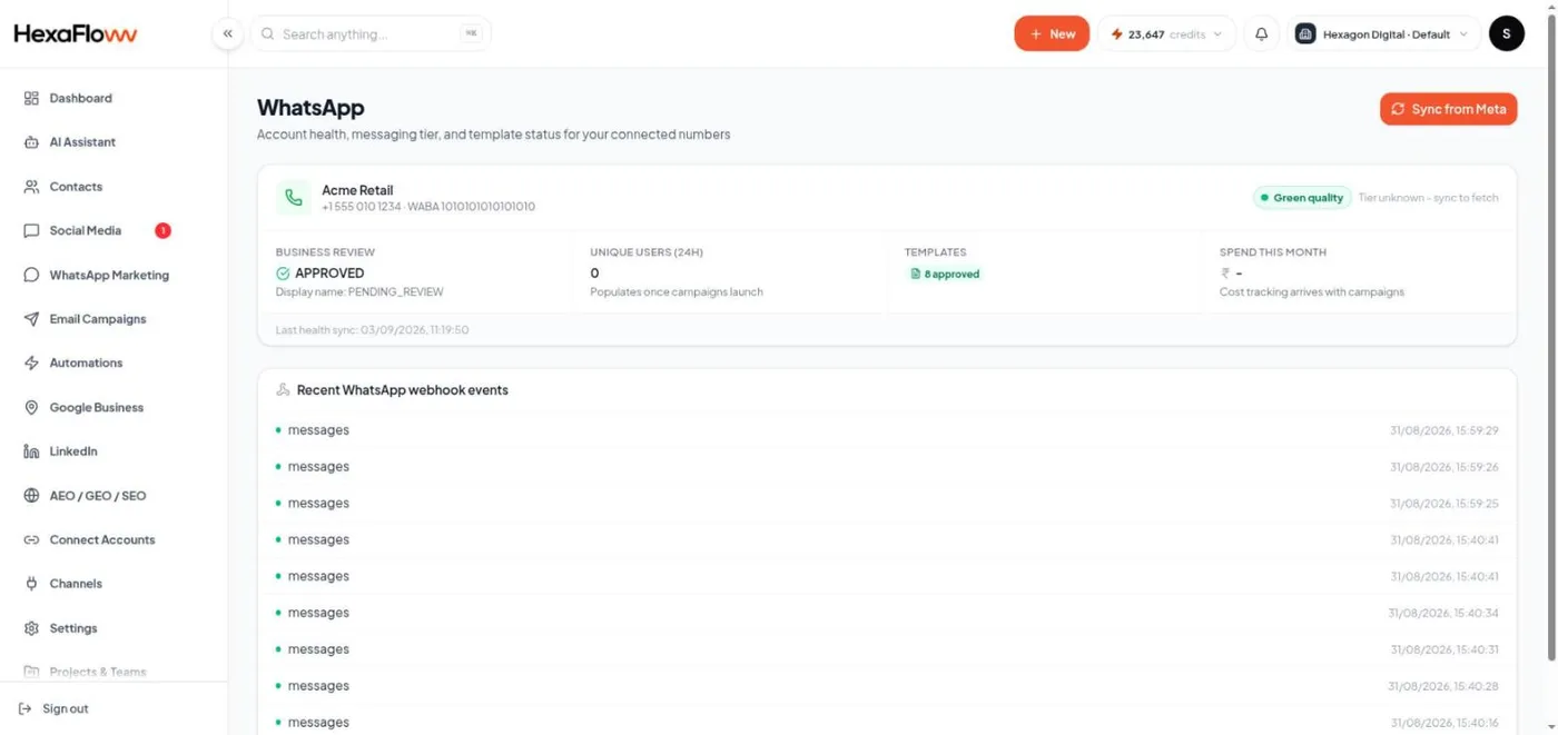 WhatsApp overview page showing quality rating, tier, and name status